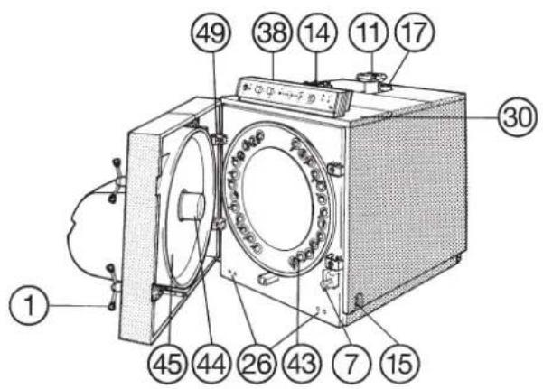 Technical diagram of a mechanical device with numbered components for identification
