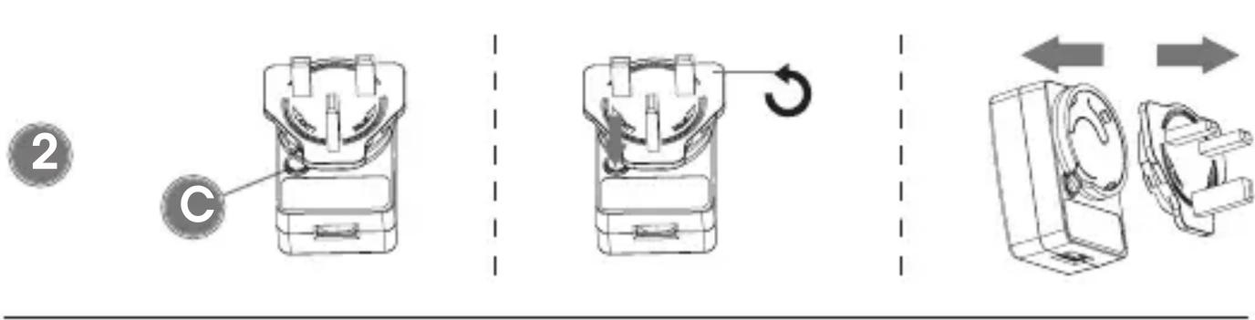 Diagram showing three-step assembly of a mechanical device with labeled components and directional arrows indicating motion.