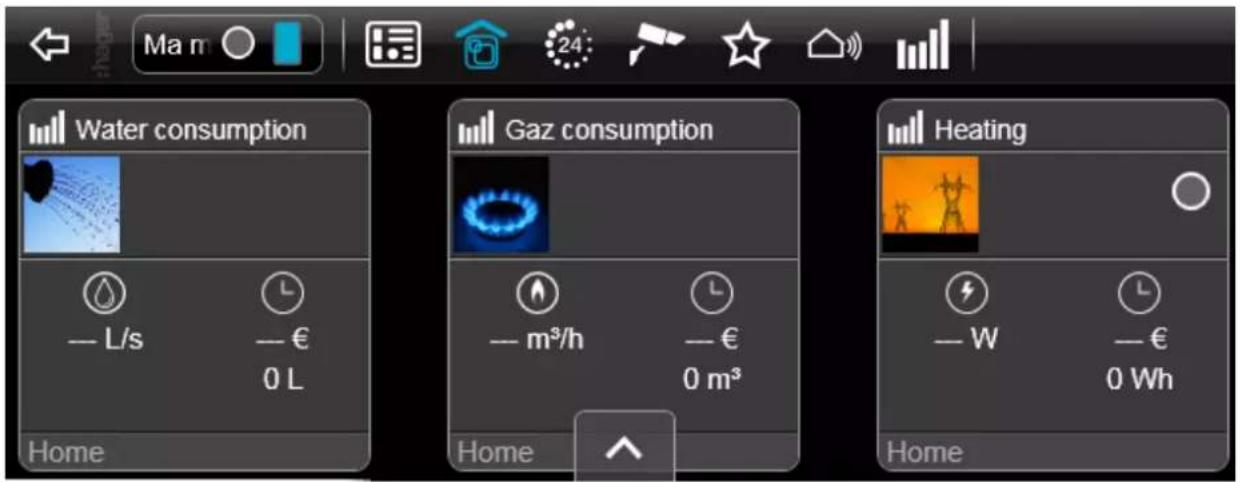 Water consumption — L/s — € 0 L Home Gaz consumption — m³/h — € 0 m³ Home Heating — W — € 0 Wh Home