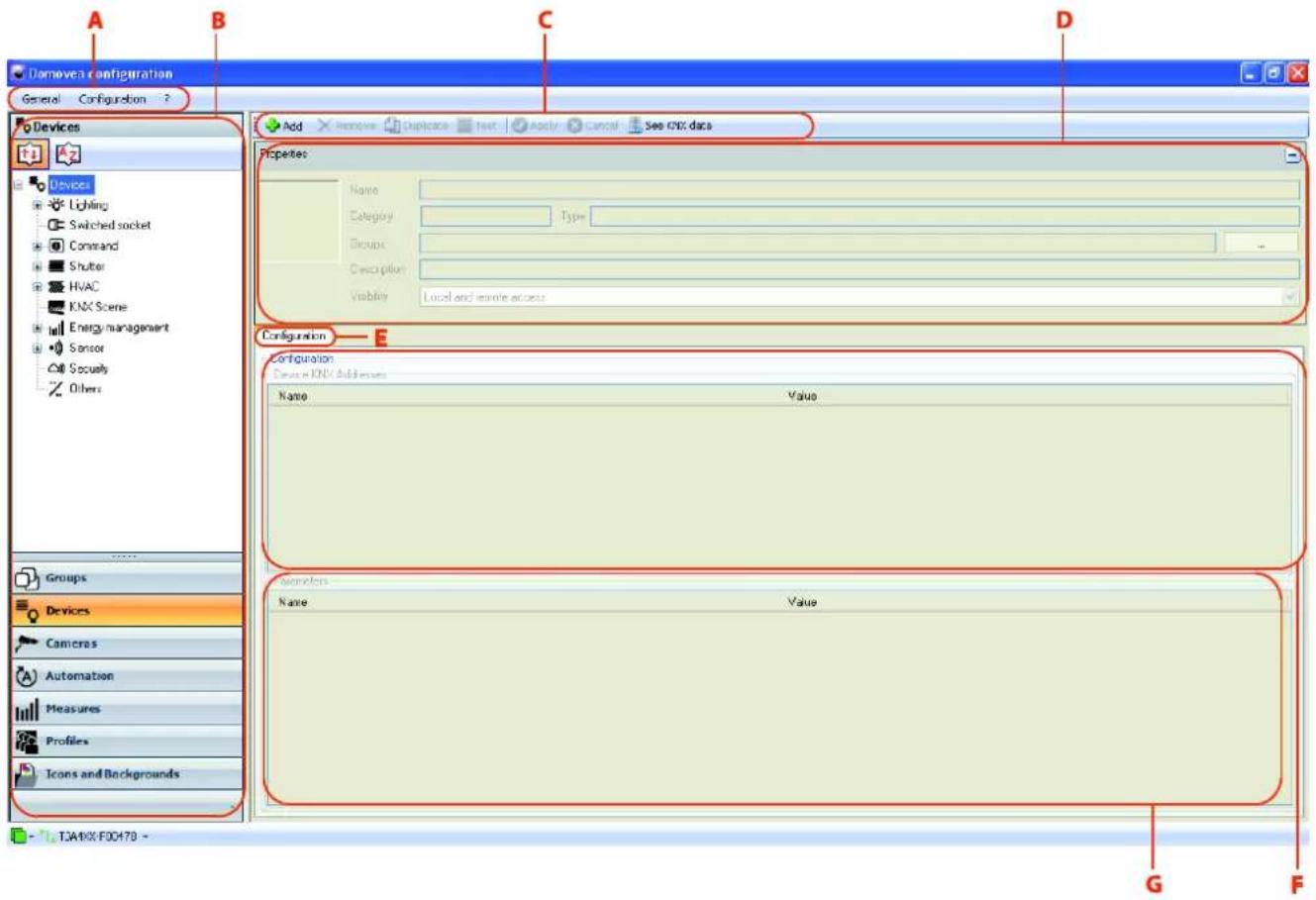 Removea configuration General Configuration ? Devices Device Lighting Switched socket Command Shutter HVAC KNX Scene Energy management Sensor Security Others Add Remove Duplicate text Apply Cancel See CNX data Properties Name Category Tsp= Groups Description Visibility Local and remote access Configuration E Device ENV Addresses Name Value Parameters Name Value TJAMIX F00478 - G F