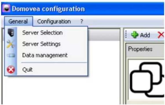 Domovea configuration General Configuration ? Server Selection Server Settings Data management Quit