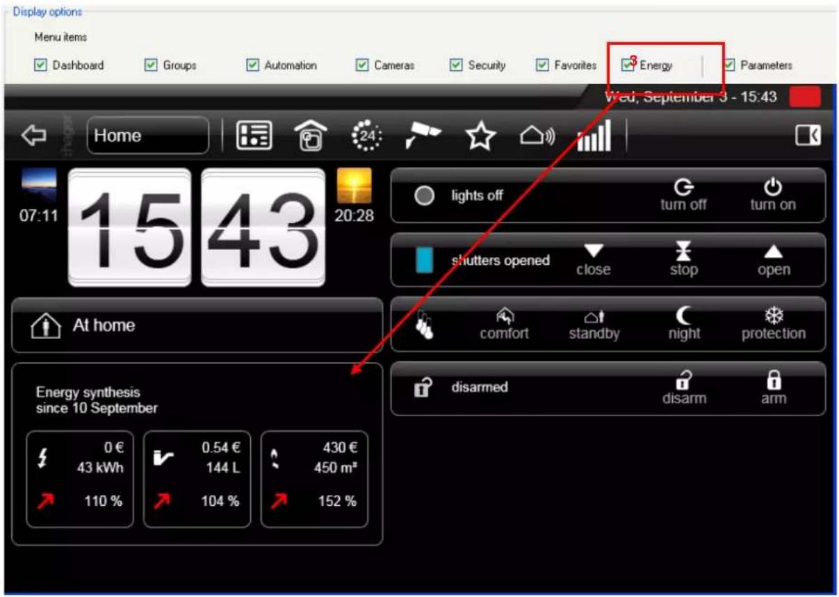 Display options Menu items Dashboard Groups Automation Cameras Security Favorites Energy Parameters Wed, September 3 - 15:43 Home 07:11 15 43 20:28 lights off turn off turn on shutters opened close stop open comfort standby night protection At home disarmed disarm arm Energy synthesis since 10 September 0 € 0.54 € 430 € 43 kWh 144 L 450 m² 110 % 104 % 152 %