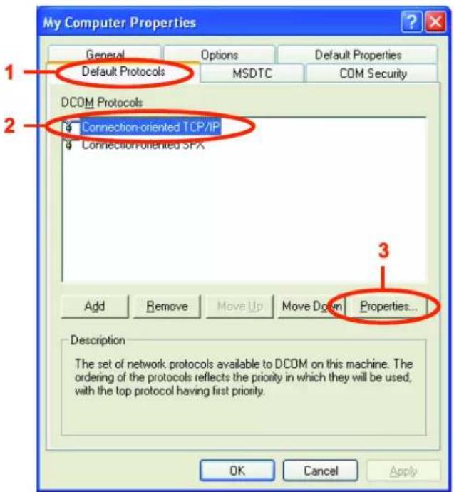 My Computer Properties General Options Default Properties Default Protocols MSDTC COM Security DCOM Protocols Connection-oriented TCP/IP Connection-oriented SPX Add Remove Move Up Move Down Properties... Description The set of network protocols available to DCOM on this machine. The ordering of the protocols reflects the priority in which they will be used, with the top protocol having first priority. OK Cancel Apply