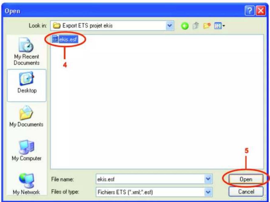 Open Look in: Export ETS projet ekis My Recent Documents Desktop My Documents My Computer My Network ekis.esf 4 5 File name: ekis.esf Files of type: Fichiers ETS (*.xml;*.esf) Open Cancel