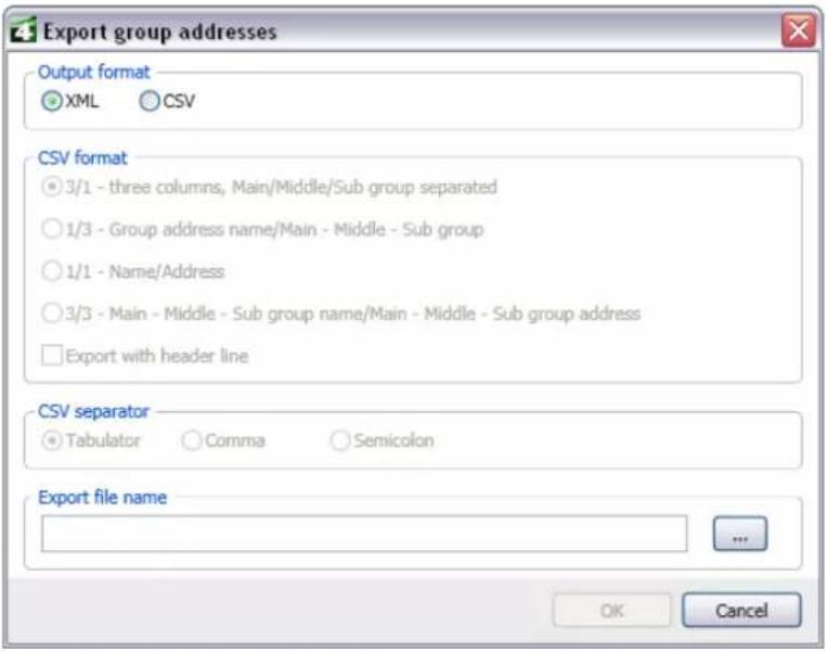 Export group addresses Output format XML CSV CSV format 3/1 - three columns, Main/Middle/Sub group separated 1/3 - Group address name/Main - Middle - Sub group 1/1 - Name/Address 3/3 - Main - Middle - Sub group name/Main - Middle - Sub group address Export with header line CSV separator Tabulator Comma Semicolon Export file name ... OK Cancel