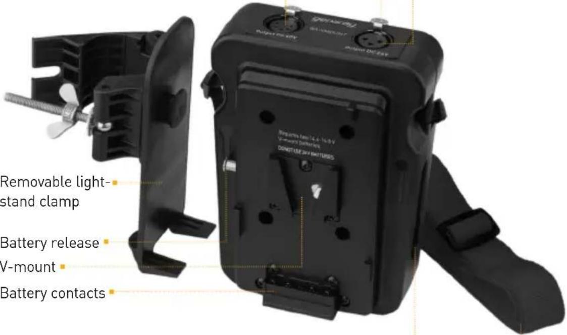 Removable light- stand clamp Battery release V-mount Battery contacts