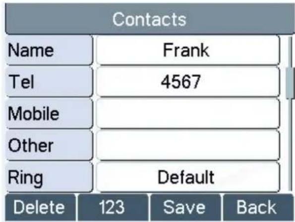 Contacts Name Frank Tel 4567 Mobile Other Ring Default Delete 123 Save Back