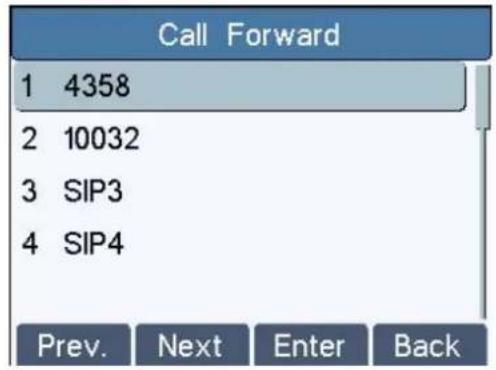 Call Forward 1 4358 2 10032 3 SIP3 4 SIP4 Prev. Next Enter Back