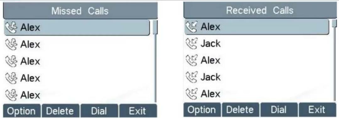 Missed Calls Alex Alex Alex Alex Option Delete Dial Exit Received Calls Alex Jack Alex Jack Alex Option Delete Dial Exit