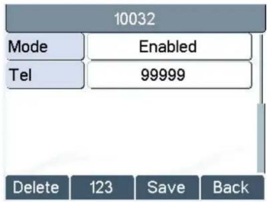 10032 Mode Enabled Tel 99999 Delete 123 Save Back