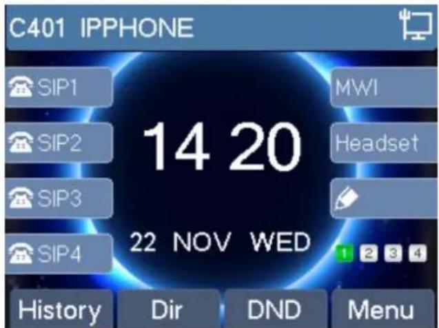 C401 IPPHONE SIP1 MWI 14 20 SIP2 Headset SIP3 SIP4 22 NOV WED History Dir DND Menu