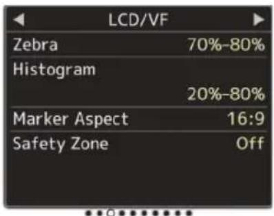 LCD/VF Zebra 70%-80% Histogram 20%-80% Marker Aspect 16:9 Safety Zone Off