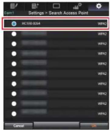 Cam1 Settings > Search Access Point HC550 0294 WPA2 WPA2 WPA2 WPA2 WPA2 WPA2 WPA2 WPA2 WPA2 WPA2 WPA2 Cancel OK