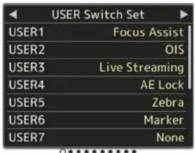 USER Switch Set USER1 Focus Assist USER2 OIS USER3 Live Streaming USER4 AE Lock USER5 Zebra USER6 Marker USER7 None