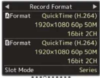 Record Format AFormat QuickTime (H.264) 1920x1080 60p 50M 16bit 2CH BFormat QuickTime (H.264) 1920x1080 60p 50M 16bit 2CH Slot Mode Series