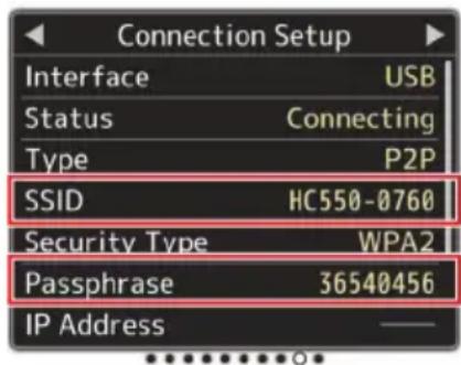Connection Setup Interface USB Status Connecting Type P2P SSID HC550-0760 Security Type WPA2 Passphrase 36540456 IP Address —