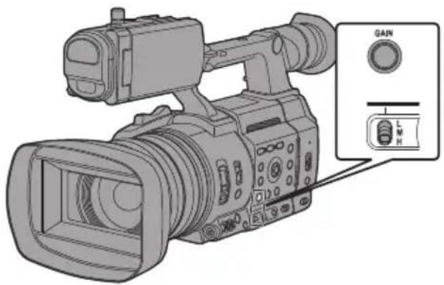 Illustration of a professional video camera with a control panel labeled 'GAIN' (no text or symbols on the device itself)