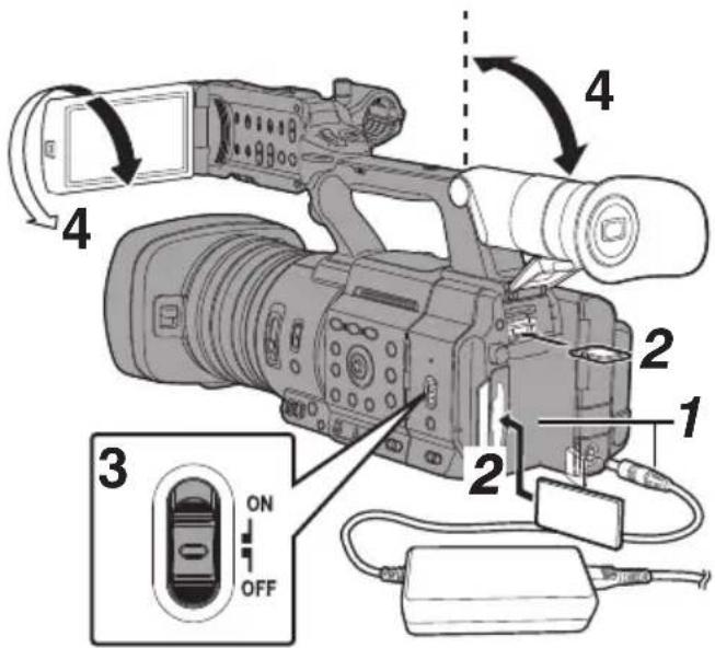 Diagram of a video camera with labeled parts including camera, lens, and audio jack, showing motion directions and control buttons.