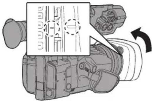 Diagram of a video camera with an inset showing internal structure and rotation arrow (no text or symbols)