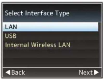 Select Interface Type LAN USB Internal Wireless LAN Back Next