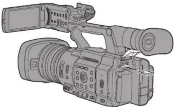 Line drawing of a professional video camera with extended screen and lens (no text or symbols)