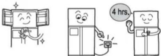 Illustration showing two cartoon scenes: one with a smiling open refrigerator and the other with a smiling refrigerator and a 4-hour sign.