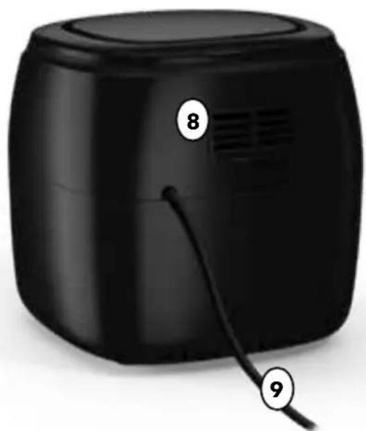 Black electric air fryer with labeled parts (8 and 9), no visible text or symbols beyond labels