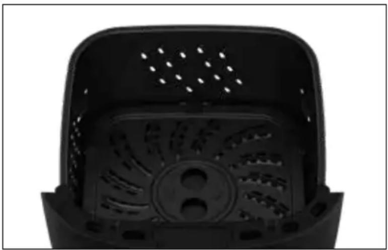 Top-down view of a black plastic air fryer with perforated grille and circular vent (no text or symbols visible)