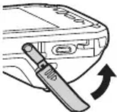 Illustration of a computer monitor with an open port and a stylus, showing a curved arrow indicating rotation, no text or symbols.