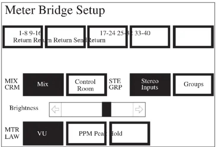graph TD A["Meter Bridge Setup"] --> B["1-8 9-16 Return Return"] B --> C["Return Send Return"] C --> D["17-24 25-32 33-40"] D --> E[" "] F["MIX CRM"] --> G["Mix"] G --> H["Control Room"] H --> I["STE GRP"] I --> J["Stereo Inputs"] J --> K["Groups"] L["Brightness"] --> M["←"] M --> N[" "] N --> O["→"…