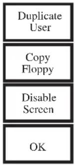 graph TD A["Duplicate User"] --> B["Copy Floppy"] B --> C["Disable Screen"] C --> D["OK"]