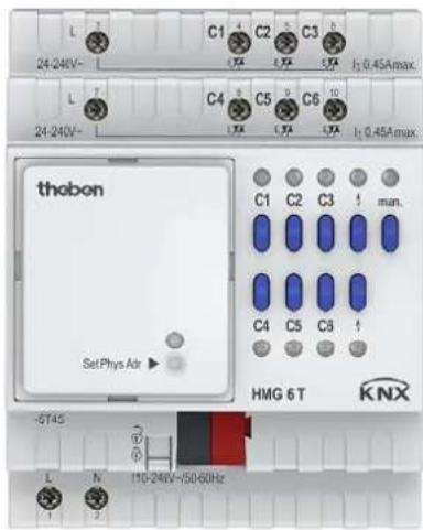 L 24-24V~ C1 C2 C3 UTA UTA UTA L 24-24V~ C4 C5 C6 UTA UTA UTA I: 0.45Amax. I: 0.45Amax. thobon SetPhys Adr C1 C2 C3 ↑ man. C4 C5 C6 ↑ HMG 6 T KNX -5T45 L N 110-24V~150-60Hz