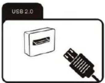 Diagram showing a USB 2.0 connector with a rectangular package and a black cable (no text or symbols on the diagram itself)