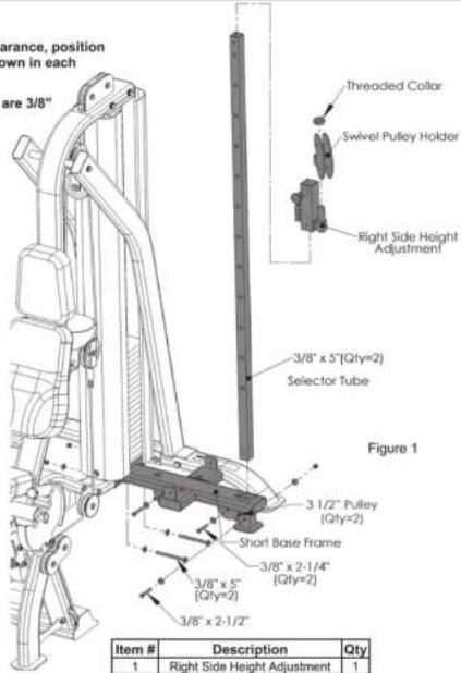 carance, position own in each are 3/8" Threaded Collar Swivel Pulley Holder Right Side Height Adjustment 3/8" x 5"(Qty=2) Selector Tube Figure 1 3 1/2" Pulley (Qty=2) Short Base Frame 3/8" x 2-1/4" (Qty=2) 3/8" x 5" (Qty=2) 3/8" x 2-1/2" Item # Description Qty 1 Right Side Height Adjustment 1