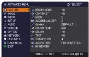 ADANCED MENU PICTURE BRIGHTNESS +0 CONTRAST +0 HDCR 0 ACCENTUALIZER 2 GAMMA DEFAULT-1 COLOR TEMP MID COLOR +0 TINT +0 SHARPNESS 4 ACTIVE IRIS PRESENTATION MY MEMORY COMPUTER IN 1 1024 x 768 @60Hz