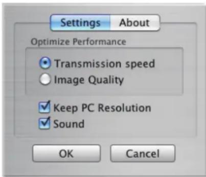 Settings About Optimize Performance Transmission speed Image Quality Keep PC Resolution Sound OK Cancel