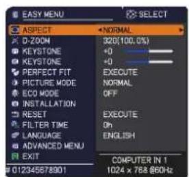 EASY MENU ASPECT D-ZOOM KEystone KEYSTONE PERFECT FIT PICTURE MODE ECO MODE INSTALLATION RESET FILTER TIME LANGUAGE ADVANCED MENU EXIT 012345678901 NORMAL 320(100.0%) +0 +0 EXECUTE NORMAL OFF EXECUTE On ENGLISH COMPUTER IN 1 1024 x 768 860Hz