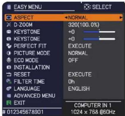 EASY MENU ASPECT NORMAL D-ZOOM 320(100.0%) KEystone +0 + KEYSTONE +0 PERFECT FIT EXECUTE PICTURE MODE NORMAL ECO MODE OFF INSTALLATION RESET EXECUTE FILTER TIME Oh LANGUAGE ENGLISH ADVANCED MENU EXIT COMPUTER IN 1 1024 x 768 @60Hz 012345678901