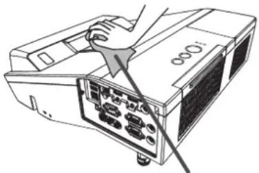 Line drawing of a printer with a hand inserting a cable into the front panel (no text or symbols)