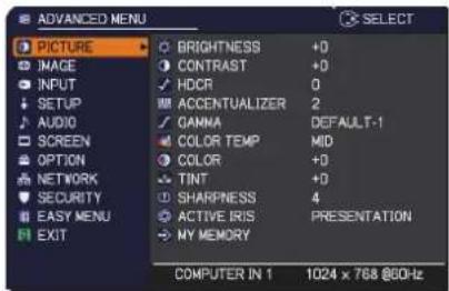 ADVANCED MENU SELECT PICTURE ○ BRIGHTNESS +0 ○ CONTRAST +0 ✓ HDCR 0 M ACCENTUALIZER 2 √ GAMMA DEFAULT-1 ● COLOR TEMP MID ○ COLOR +0 ✓ TINT +0 ● SHARPNESS 4 ○ ACTIVE IRIS PRESENTATION → MY MEMORY COMPUTER IN 1 1024 x 768 @60Hz