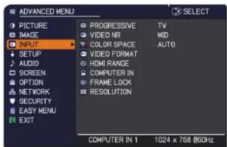 ADVANCED MENU PICTURE IMAGE INPUT SETUP AUDIO SCREEN OPTION NETWORK SECURITY EASY MENU EXIT PROGRESSIVE TV VIDEO NR MID COLOR SPACE AUTO VIDEO FORMAT HDMI RANGE COMPUTER IN FRAME LOCK RESOLUTION COMPUTER IN 1 1024 x 768 @60Hz