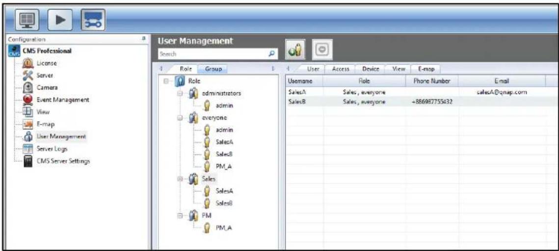 Configuration CMS Professional License Server Camera Event Management View E-map User Management Server Logs CMS Server Settings User Management Search Role Group Role administrators admin everyone admin SalesA SalesB PM_A Sales SalesA SalesB PM PM_A User Access Device View E-map Username Role Phone…