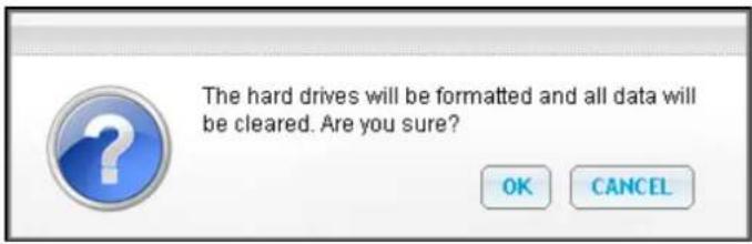 The hard drives will be formatted and all data will be cleared. Are you sure? OK CANCEL
