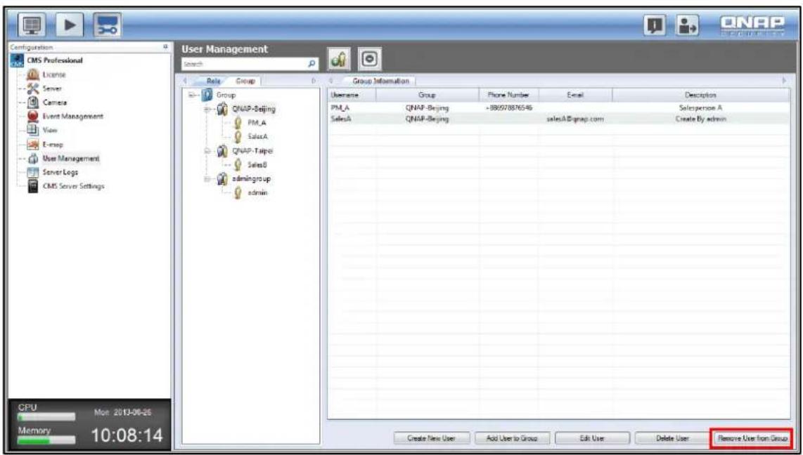 Configuration CMS Professional License Server Camera Event Management View E-mail User Management Server Logs CMS Server Settings User Management Search Group Information Group Group Group Group User Username Group Phone Number Email Description PM_A QNAP-Beijing +889578876546 SalesA QNAP-Beijing sa…