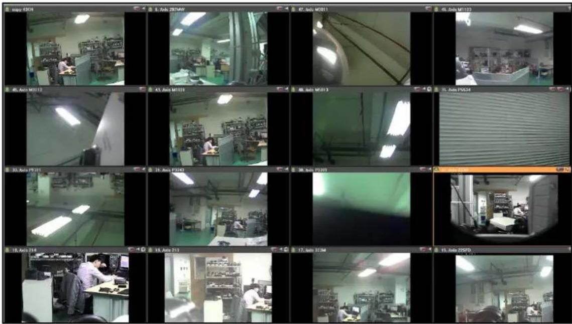 Sequence of 16 grayscale images showing a factory floor with workers at workstations, no visible text or symbols.