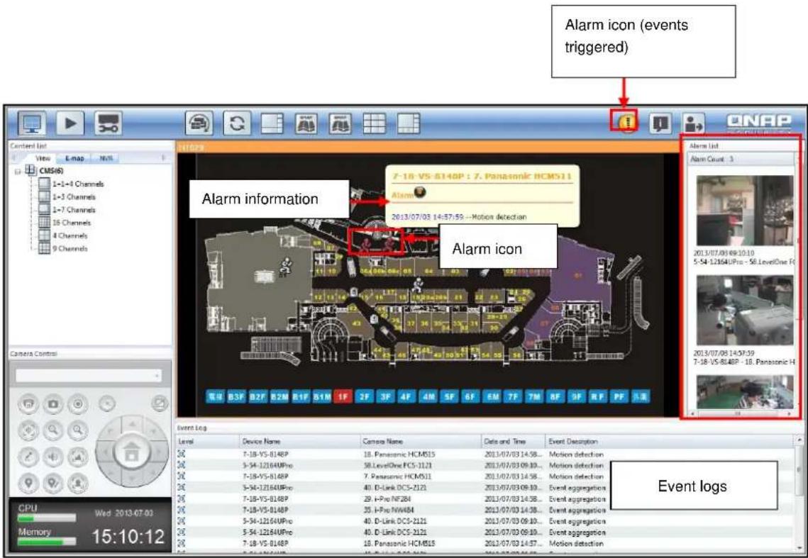 Alarm icon (events triggered) Alarm information 7-18-VS-6148P : 7. Panasonic HCMS11 Alarm 2013/07/03 14:57:59 --Motion detection Alarm icon 2013/07/03 09:10:10 5-54-12164UPro - 58.LevelOne F 2013/07/08 14:57:39 T-18-VS-6148P - 18. Panasonic H Event logs Level Device Name Camera Name Data and Time Ev…