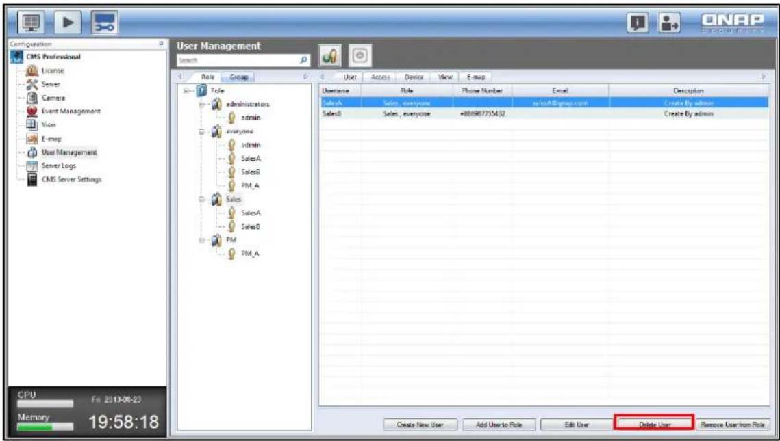 Configuration CMS Professional License Server Camera Event Management View E-mail User Management Server Logs CMS Server Settings User Management Search Role Group Role administrators admin everyone admin SalesA SalesB PM_A Sales SalesA SalesB PM RM_A User Access Device View E-mail Username Role Pho…
