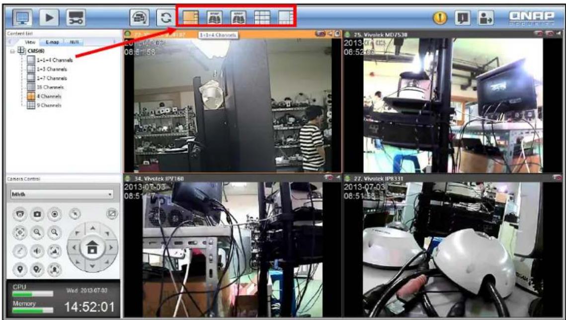 Content list View E.map Null CMS(8) 1=1=4 Channels 1+3 Channels 1+7 Channels 16 Channels 4 Channels 9 Channels Camera Control Mthch CPU Wed 2013.07.03 Memory 14:52:01 27. Vivutek MD7538 2013-07-03 08:52:58 27. Vivutek IP8331 2013-07-03 08:51:58