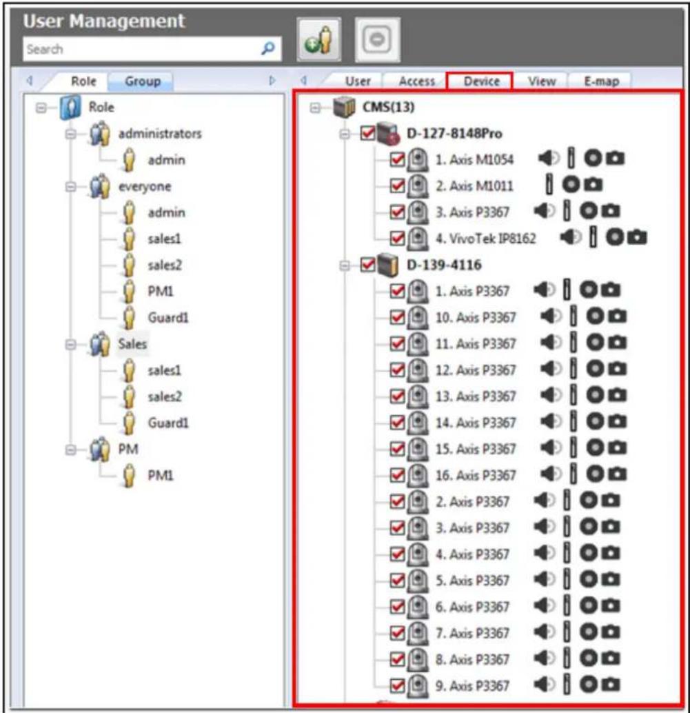 graph TD A["Role"] --> B["administrators"] B --> C["admin"] B --> D["everyone"] D --> E["admin"] D --> F["sales1"] D --> G["sales2"] D --> H["PM1"] D --> I["Guard1"] J["Sales"] --> K["sales1"] J --> L["sales2"] J --> M["Guard1"] N["PM"] --> O["PM1"] P["D-127-8148Pro"] --> Q["1. Axis M1054"] P --> R[…