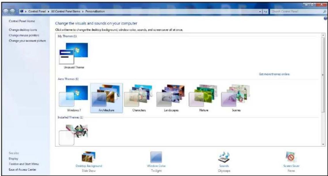 Control Panel Home Change desktop icons Change mouse pointers Change your account picture Change the visuals and sounds on your computer Click a theme to change the desktop background, window color, sounds, and screen sever all at once. My Themes (1) Unsaved Theme Get more themes online. Aero Themes…